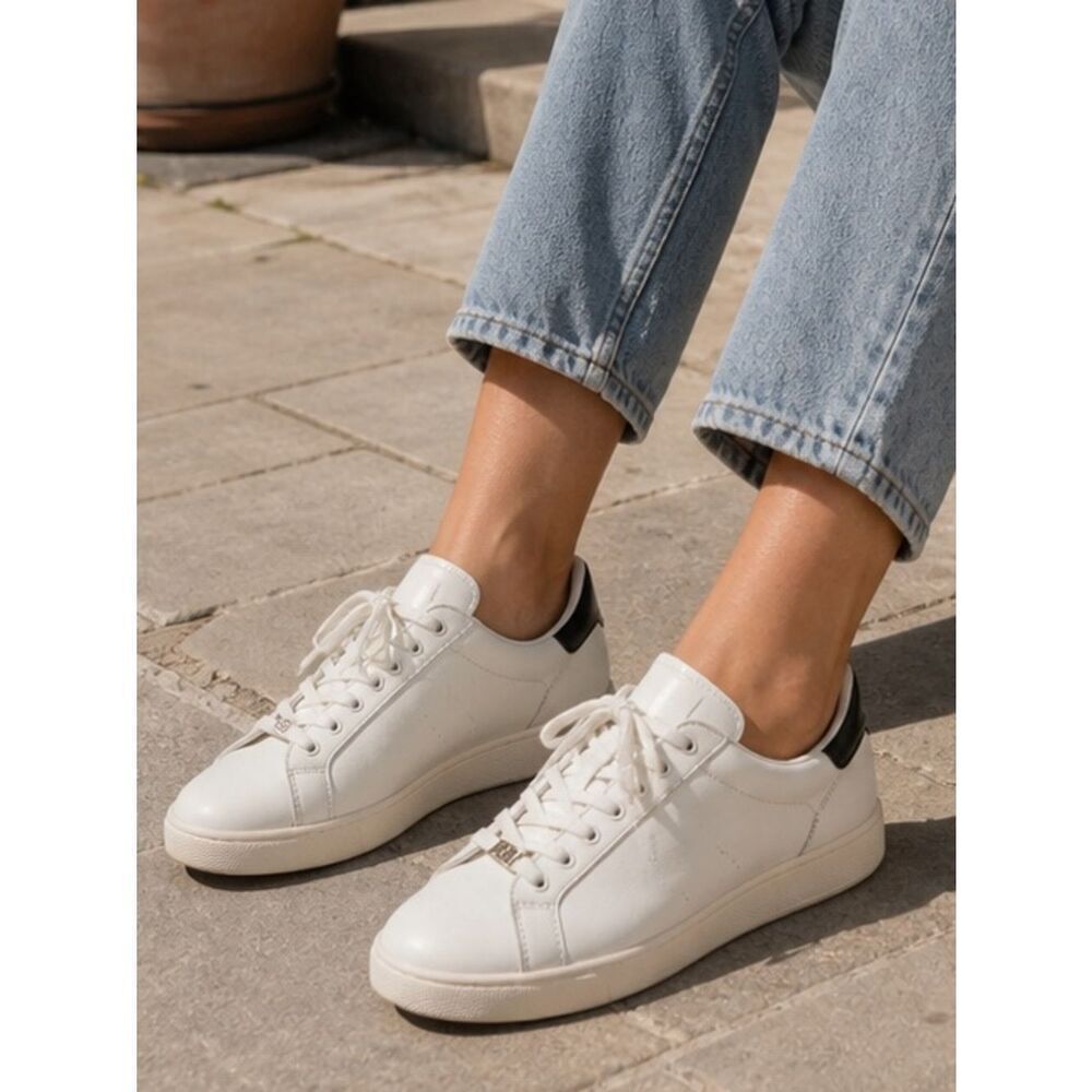 White House Black Market White Leather Low-Top Sneakers with Black Heel